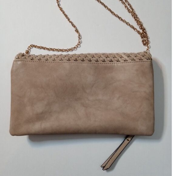 Urban Expressions Boho Tan Woven Cross Body Clutch Vegan Gold Chain Strap Purse - Picture 3 of 12
